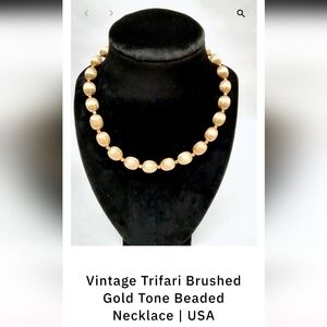  Vintage Trifari Brushed Gold Tone Beaded Necklace